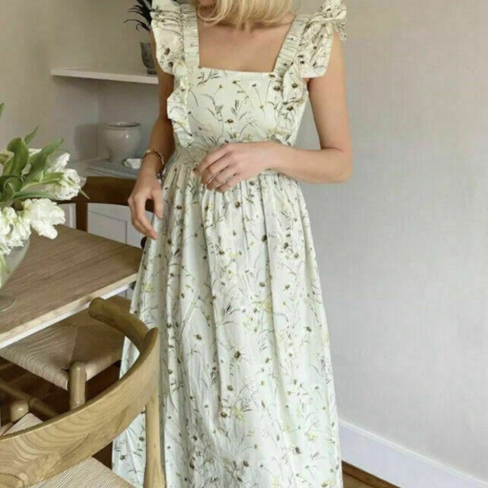 H&M Conscious Wildflower Tie Back Dress Green Floral Meadow
